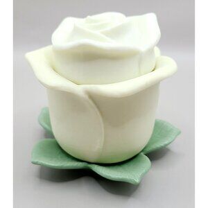 White Rose Ceramic Trinket Box With Green Leaf Base Matte Finish Great Condition
